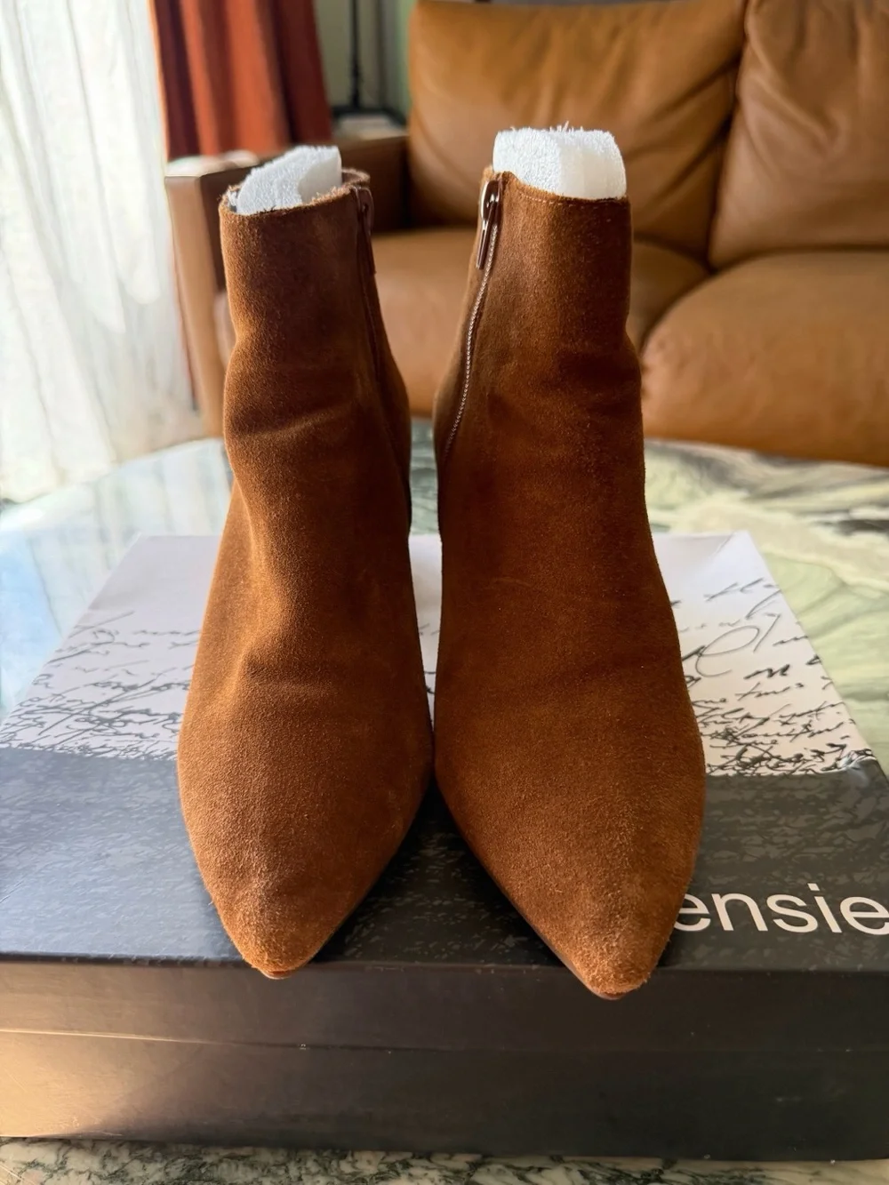Kensie Cognac Suede Block-Heel Ankle Booties